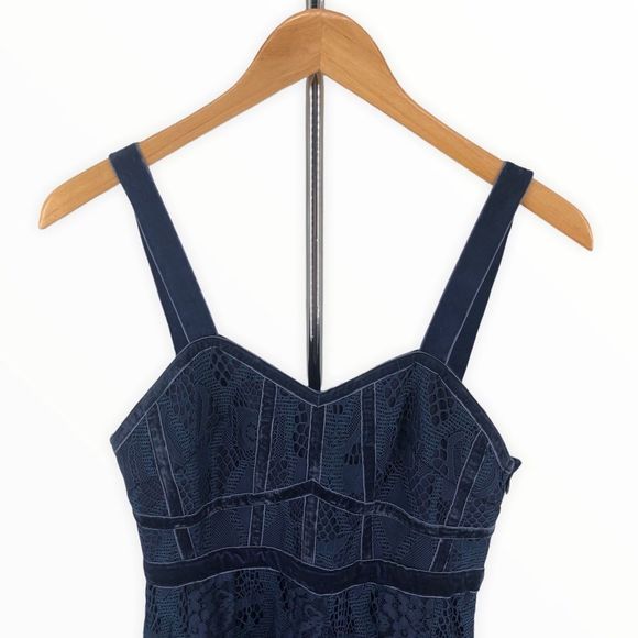 Foxiedox Blue Maisie Lace Velvet Trim Midi Dress Sheer Overlay Sleeveless size 2 - Picture 4 of 14